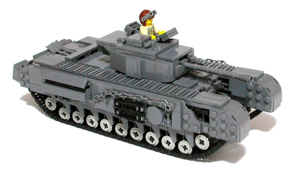 MECHANIZED BRICK custom moc LEGO Churchill Mark VII World War II AFV set with tank track treads, directions on how to make and custom U.K. soldier for build, play, and display.