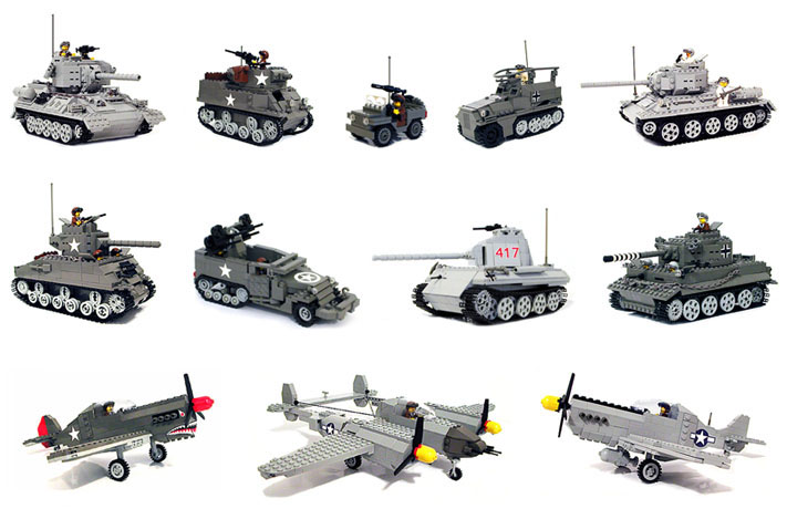 MECHANIZED BRICK Series 1 custom LEGO military building instructions for T-34, M4A3 Sherman, Tiger I, Panther, M8 HMC, M16 MGMC, Greif 250/3 Halftrack, P-38 Lightning, P-40 Warhawk / Tiger Shark, and P-51 Mustang.