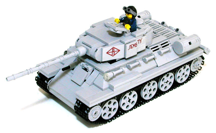 MECHANIZED BRICK custom moc LEGO Type 34 World War II AFV set with tank track treads, directions on how to make, custom Soviet soldier and stickers for build, play, and display.