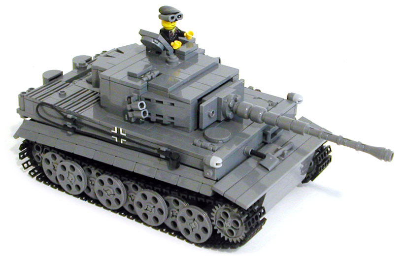 MECHANIZED BRICK custom moc LEGO Pz.Kpfw. Sd.Kfz. 181 Tiger I World War II AFV set with tank track treads, directions on how to make, custom German Wehrmact soldier and stickers for build, play, and display.